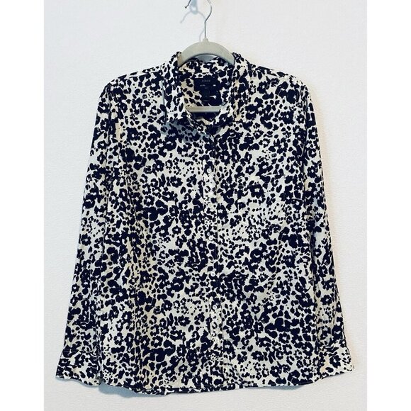 J Crew Top Womens 12 Black White Snow Leopard Boy Fit Button Up Long Sleeve Boho - Picture 2 of 8
